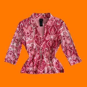 00's vintage paisley micro mesh collared y2k bodycon top M/L inc